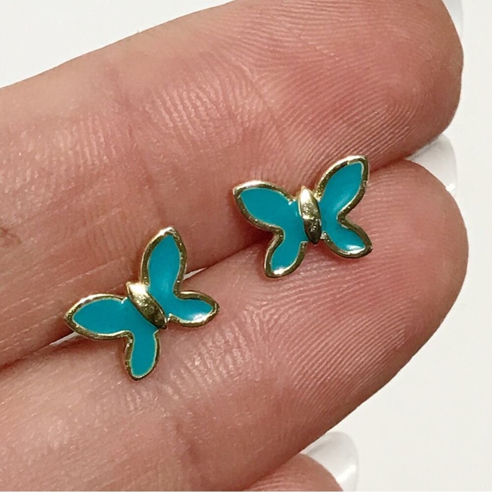 N Signed 925 Sterling Silver Yellow Gold Plated Turquoise Enamel Earrings Stud